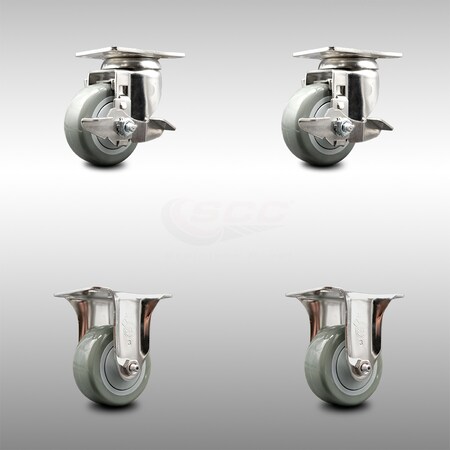 Service Caster 3 Inch 316SS Gray Polyurethane Swivel Top Plate Caster Brake 2 Rigid SCC, 2PK SCC-SS31620S314-PPUB-TLB-2-R-2